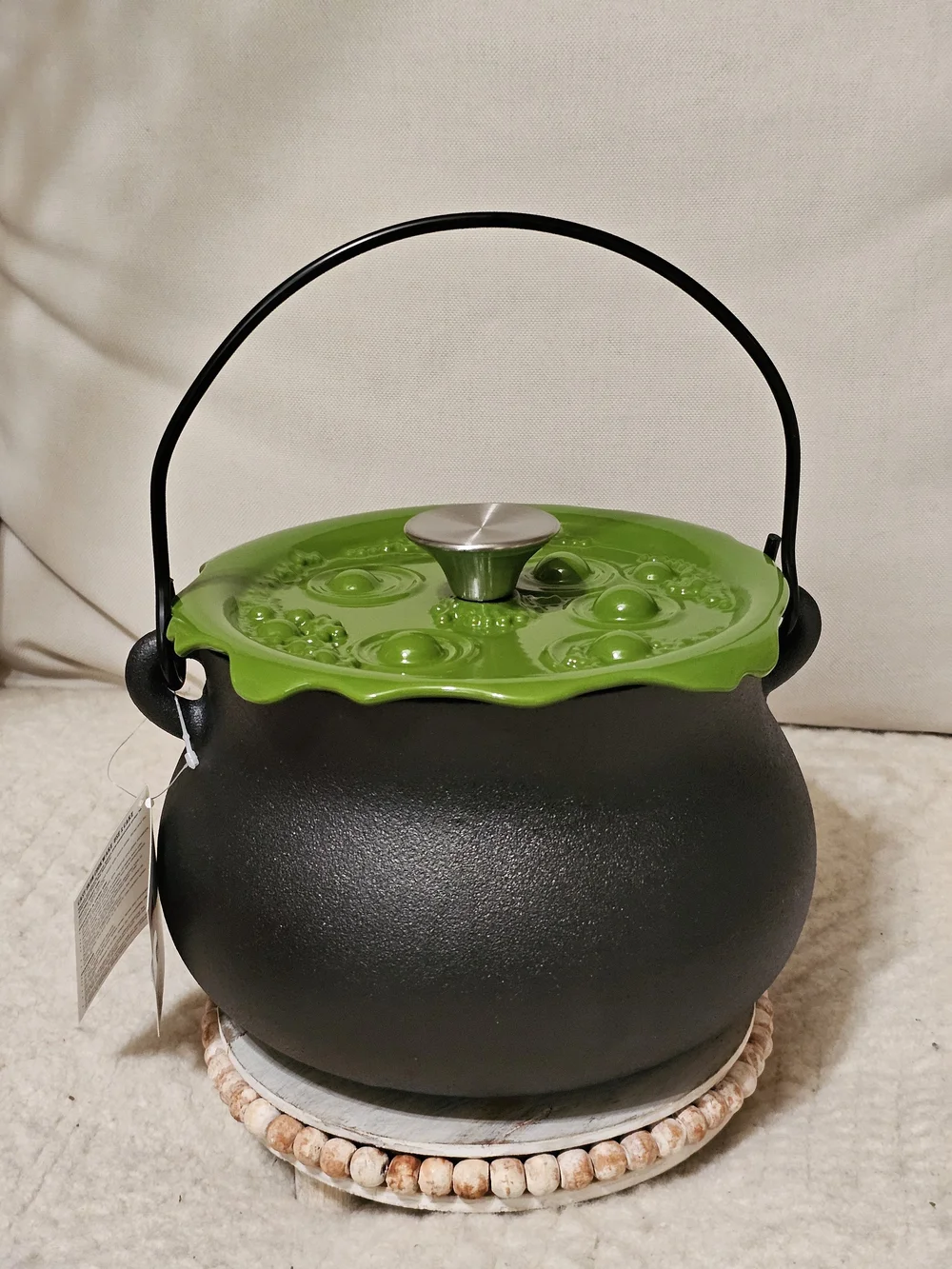 6-Quart Smith and Clark Cast Iron Cauldron Pot with Green 'Bubbling' Lid Witch